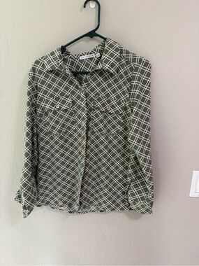 Notations Olive Green Grid Button Front Blouse Utility Shirt Size M